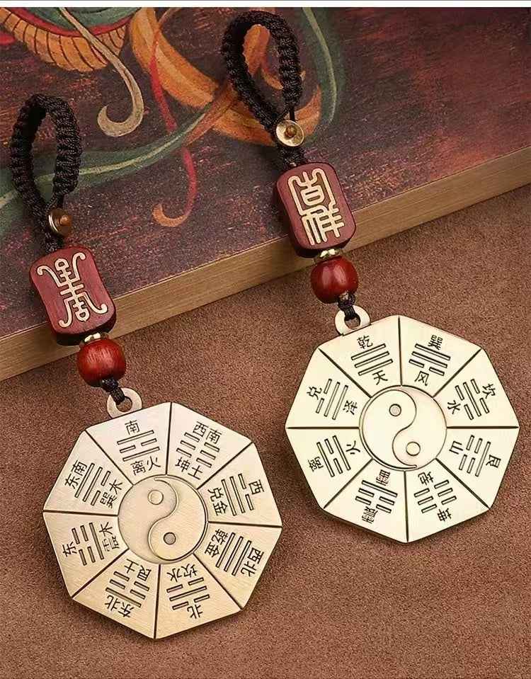 Brass Taiji Keychain - Dual-Sided Yin Yang Bagua Carved Design (40mm Diameter)